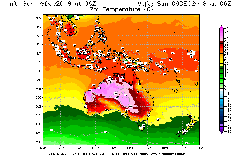 Mappa di analisi GFS - Temperatura a 2 metri dal suolo [°C] in Oceania
									del 09/12/2018 06 <!--googleoff: index-->UTC<!--googleon: index-->