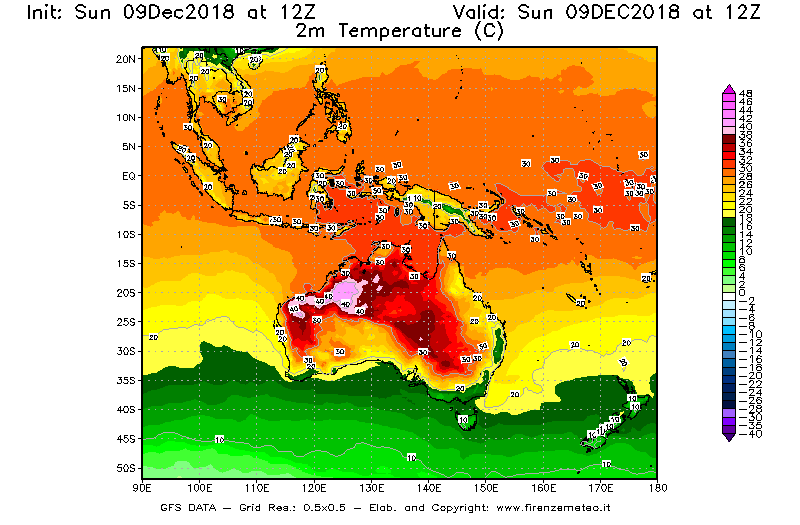Mappa di analisi GFS - Temperatura a 2 metri dal suolo [°C] in Oceania
									del 09/12/2018 12 <!--googleoff: index-->UTC<!--googleon: index-->