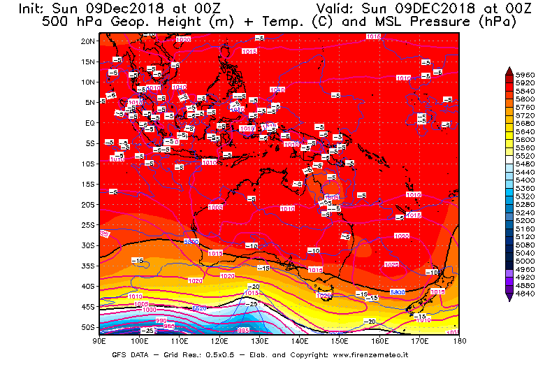 Mappa di analisi GFS - Geopotenziale [m] + Temp. [°C] a 500 hPa + Press. a livello del mare [hPa] in Oceania
									del 09/12/2018 00 <!--googleoff: index-->UTC<!--googleon: index-->