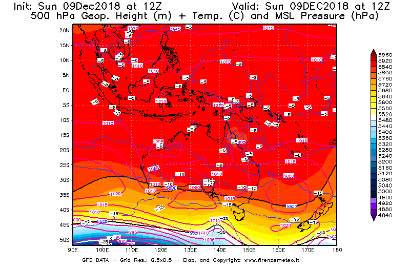 Mappa di analisi GFS - Geopotenziale [m] + Temp. [°C] a 500 hPa + Press. a livello del mare [hPa] in Oceania
									del 09/12/2018 12 <!--googleoff: index-->UTC<!--googleon: index-->