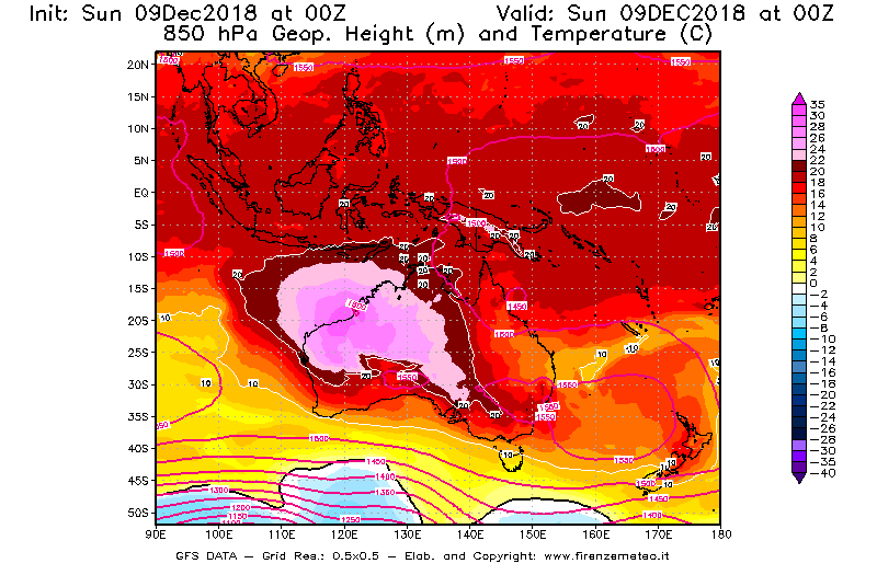 Mappa di analisi GFS - Geopotenziale [m] e Temperatura [°C] a 850 hPa in Oceania
									del 09/12/2018 00 <!--googleoff: index-->UTC<!--googleon: index-->