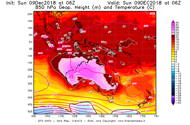 Mappa di analisi GFS - Geopotenziale [m] e Temperatura [°C] a 850 hPa in Oceania
									del 09/12/2018 06 <!--googleoff: index-->UTC<!--googleon: index-->
