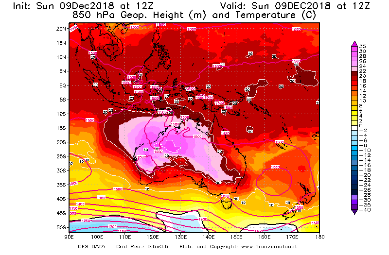 Mappa di analisi GFS - Geopotenziale [m] e Temperatura [°C] a 850 hPa in Oceania
									del 09/12/2018 12 <!--googleoff: index-->UTC<!--googleon: index-->