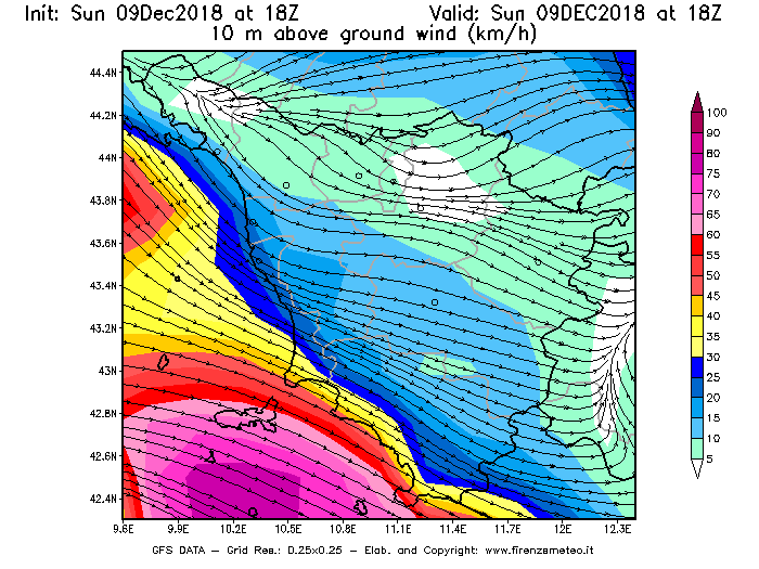 Mappa di analisi GFS - Velocità del vento a 10 metri dal suolo [km/h] in Toscana
									del 09/12/2018 18 <!--googleoff: index-->UTC<!--googleon: index-->