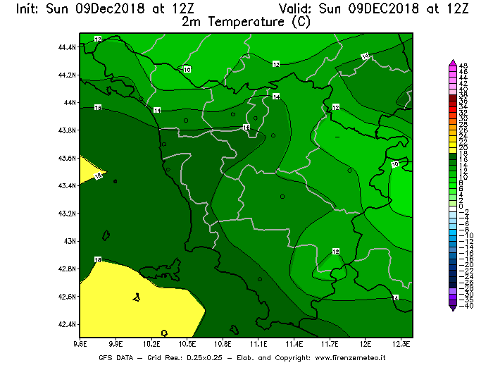 Mappa di analisi GFS - Temperatura a 2 metri dal suolo [°C] in Toscana
									del 09/12/2018 12 <!--googleoff: index-->UTC<!--googleon: index-->