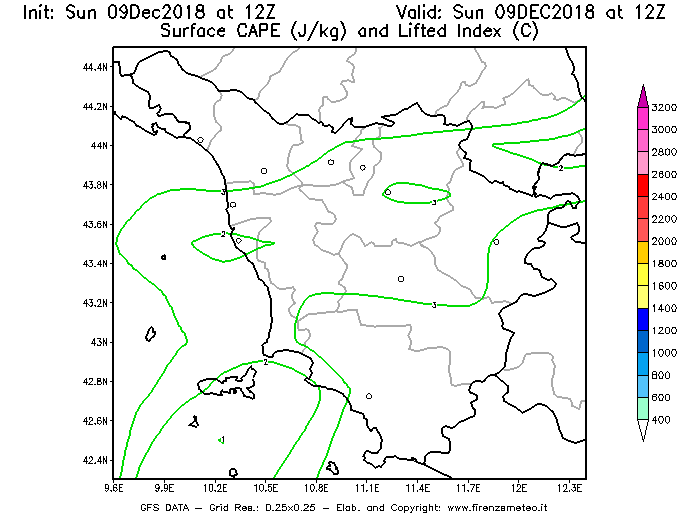 Mappa di analisi GFS - CAPE [J/kg] e Lifted Index [°C] in Toscana
									del 09/12/2018 12 <!--googleoff: index-->UTC<!--googleon: index-->