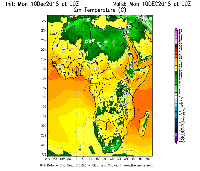 Mappa di analisi GFS - Temperatura a 2 metri dal suolo [°C] in Africa
									del 10/12/2018 00 <!--googleoff: index-->UTC<!--googleon: index-->