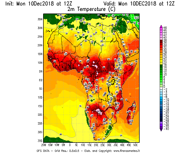Mappa di analisi GFS - Temperatura a 2 metri dal suolo [°C] in Africa
							del 10/12/2018 12 <!--googleoff: index-->UTC<!--googleon: index-->