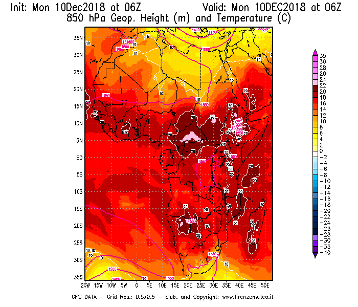Mappa di analisi GFS - Geopotenziale [m] e Temperatura [°C] a 850 hPa in Africa
									del 10/12/2018 06 <!--googleoff: index-->UTC<!--googleon: index-->