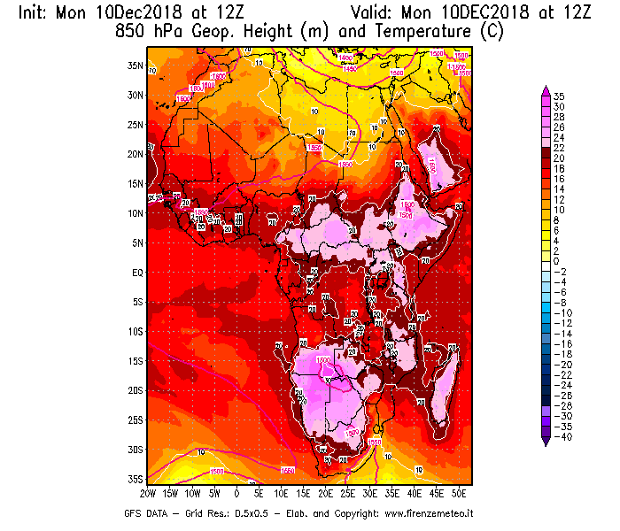 Mappa di analisi GFS - Geopotenziale [m] e Temperatura [°C] a 850 hPa in Africa
							del 10/12/2018 12 <!--googleoff: index-->UTC<!--googleon: index-->