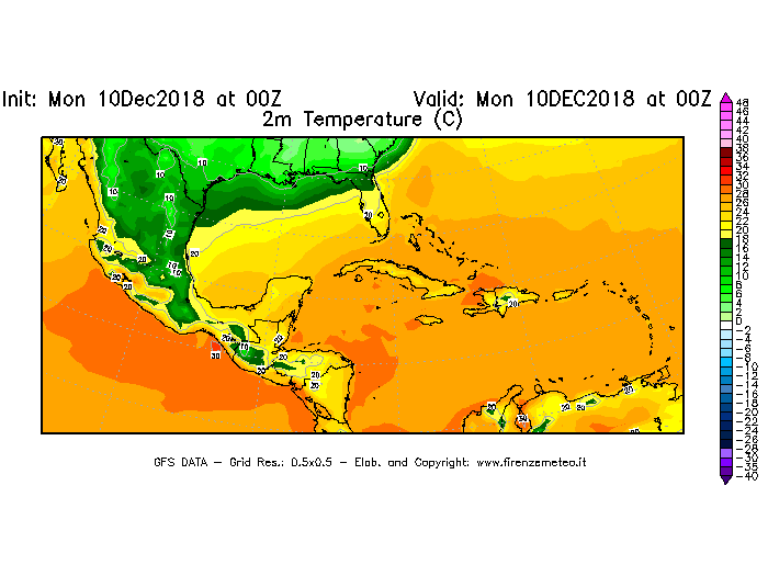 Mappa di analisi GFS - Temperatura a 2 metri dal suolo [°C] in Centro-America
							del 10/12/2018 00 <!--googleoff: index-->UTC<!--googleon: index-->