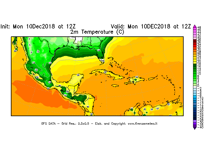 Mappa di analisi GFS - Temperatura a 2 metri dal suolo [°C] in Centro-America
									del 10/12/2018 12 <!--googleoff: index-->UTC<!--googleon: index-->