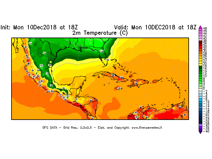 Mappa di analisi GFS - Temperatura a 2 metri dal suolo [°C] in Centro-America
									del 10/12/2018 18 <!--googleoff: index-->UTC<!--googleon: index-->