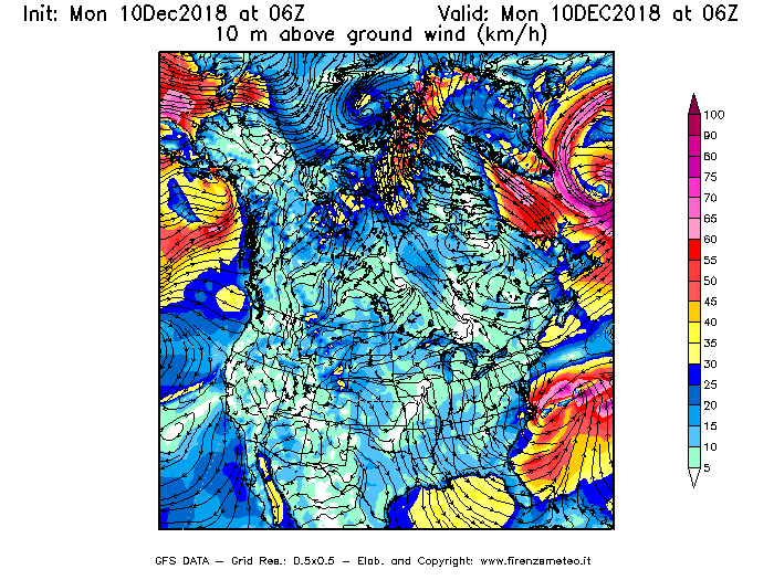 Mappa di analisi GFS - Velocità del vento a 10 metri dal suolo [km/h] in Nord-America
							del 10/12/2018 06 <!--googleoff: index-->UTC<!--googleon: index-->
