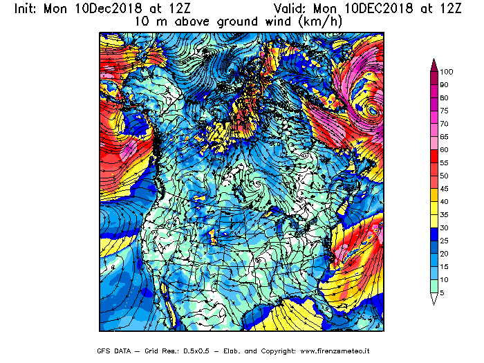 Mappa di analisi GFS - Velocità del vento a 10 metri dal suolo [km/h] in Nord-America
							del 10/12/2018 12 <!--googleoff: index-->UTC<!--googleon: index-->