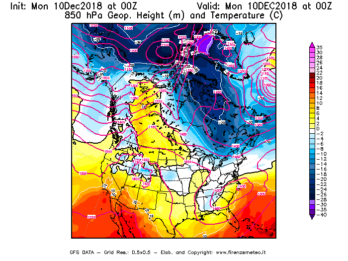 Mappa di analisi GFS - Geopotenziale [m] e Temperatura [°C] a 850 hPa in Nord-America
							del 10/12/2018 00 <!--googleoff: index-->UTC<!--googleon: index-->