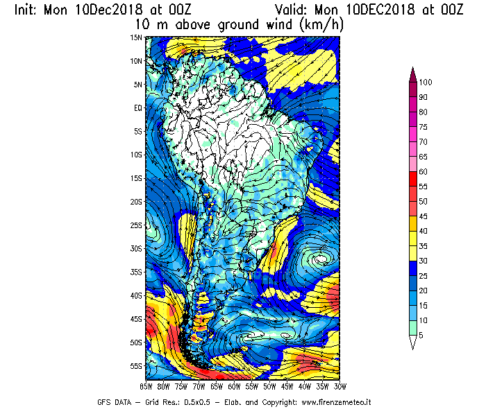 Mappa di analisi GFS - Velocità del vento a 10 metri dal suolo [km/h] in Sud-America
							del 10/12/2018 00 <!--googleoff: index-->UTC<!--googleon: index-->