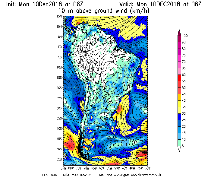 Mappa di analisi GFS - Velocità del vento a 10 metri dal suolo [km/h] in Sud-America
							del 10/12/2018 06 <!--googleoff: index-->UTC<!--googleon: index-->