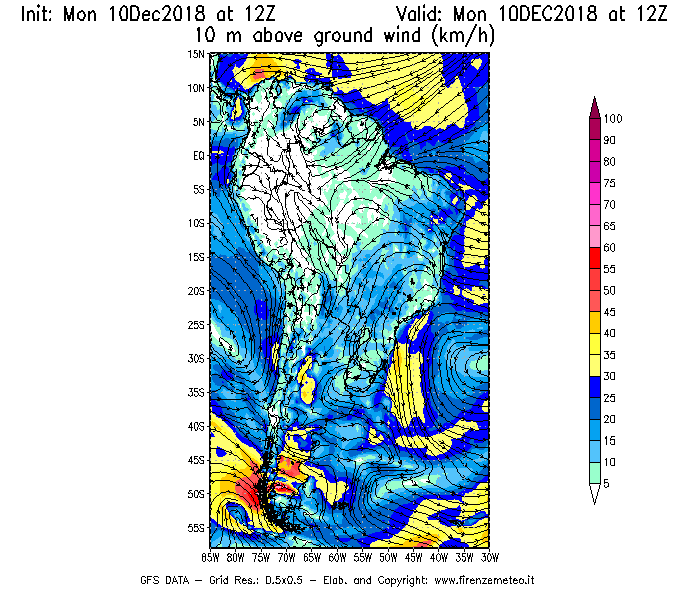 Mappa di analisi GFS - Velocità del vento a 10 metri dal suolo [km/h] in Sud-America
									del 10/12/2018 12 <!--googleoff: index-->UTC<!--googleon: index-->