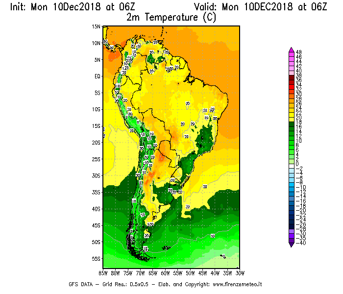 Mappa di analisi GFS - Temperatura a 2 metri dal suolo [°C] in Sud-America
									del 10/12/2018 06 <!--googleoff: index-->UTC<!--googleon: index-->