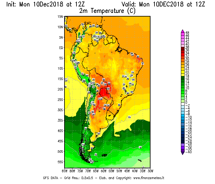 Mappa di analisi GFS - Temperatura a 2 metri dal suolo [°C] in Sud-America
							del 10/12/2018 12 <!--googleoff: index-->UTC<!--googleon: index-->