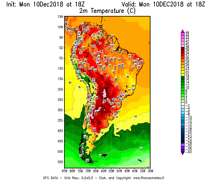 Mappa di analisi GFS - Temperatura a 2 metri dal suolo [°C] in Sud-America
									del 10/12/2018 18 <!--googleoff: index-->UTC<!--googleon: index-->