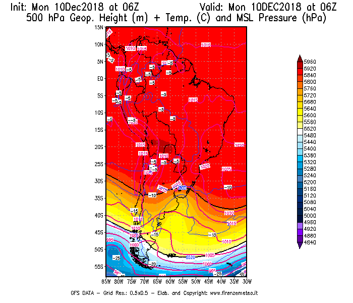 Mappa di analisi GFS - Geopotenziale [m] + Temp. [°C] a 500 hPa + Press. a livello del mare [hPa] in Sud-America
									del 10/12/2018 06 <!--googleoff: index-->UTC<!--googleon: index-->