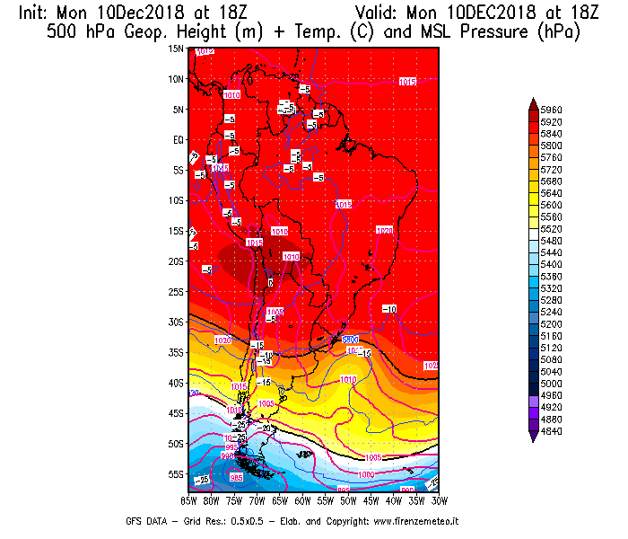 Mappa di analisi GFS - Geopotenziale [m] + Temp. [°C] a 500 hPa + Press. a livello del mare [hPa] in Sud-America
									del 10/12/2018 18 <!--googleoff: index-->UTC<!--googleon: index-->