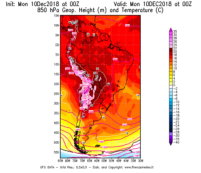 Mappa di analisi GFS - Geopotenziale [m] e Temperatura [°C] a 850 hPa in Sud-America
							del 10/12/2018 00 <!--googleoff: index-->UTC<!--googleon: index-->