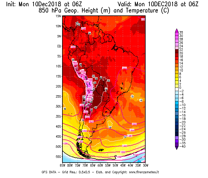 Mappa di analisi GFS - Geopotenziale [m] e Temperatura [°C] a 850 hPa in Sud-America
									del 10/12/2018 06 <!--googleoff: index-->UTC<!--googleon: index-->