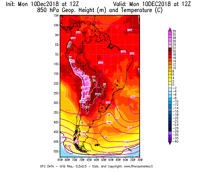 Mappa di analisi GFS - Geopotenziale [m] e Temperatura [°C] a 850 hPa in Sud-America
									del 10/12/2018 12 <!--googleoff: index-->UTC<!--googleon: index-->