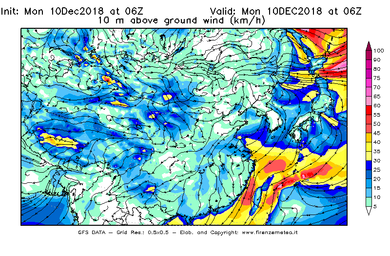 Mappa di analisi GFS - Velocità del vento a 10 metri dal suolo [km/h] in Asia Orientale
									del 10/12/2018 06 <!--googleoff: index-->UTC<!--googleon: index-->