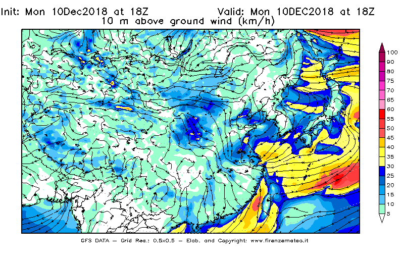 Mappa di analisi GFS - Velocità del vento a 10 metri dal suolo [km/h] in Asia Orientale
							del 10/12/2018 18 <!--googleoff: index-->UTC<!--googleon: index-->