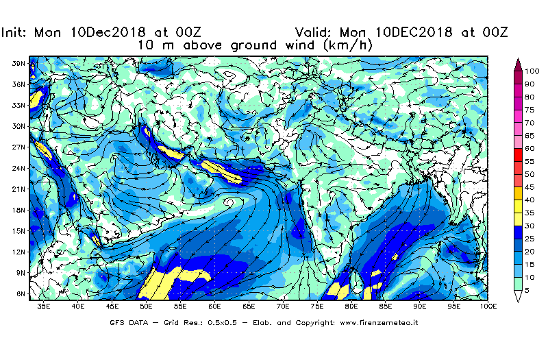 Mappa di analisi GFS - Velocità del vento a 10 metri dal suolo [km/h] in Asia Sud-Occidentale
							del 10/12/2018 00 <!--googleoff: index-->UTC<!--googleon: index-->
