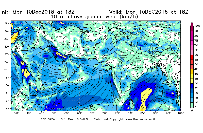 Mappa di analisi GFS - Velocità del vento a 10 metri dal suolo [km/h] in Asia Sud-Occidentale
									del 10/12/2018 18 <!--googleoff: index-->UTC<!--googleon: index-->