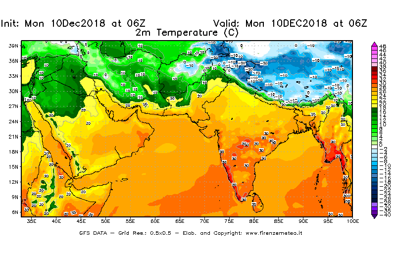 Mappa di analisi GFS - Temperatura a 2 metri dal suolo [°C] in Asia Sud-Occidentale
							del 10/12/2018 06 <!--googleoff: index-->UTC<!--googleon: index-->
