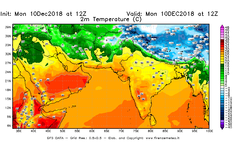 Mappa di analisi GFS - Temperatura a 2 metri dal suolo [°C] in Asia Sud-Occidentale
							del 10/12/2018 12 <!--googleoff: index-->UTC<!--googleon: index-->