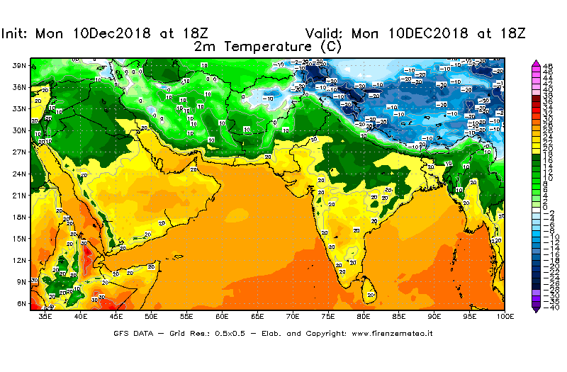 Mappa di analisi GFS - Temperatura a 2 metri dal suolo [°C] in Asia Sud-Occidentale
							del 10/12/2018 18 <!--googleoff: index-->UTC<!--googleon: index-->