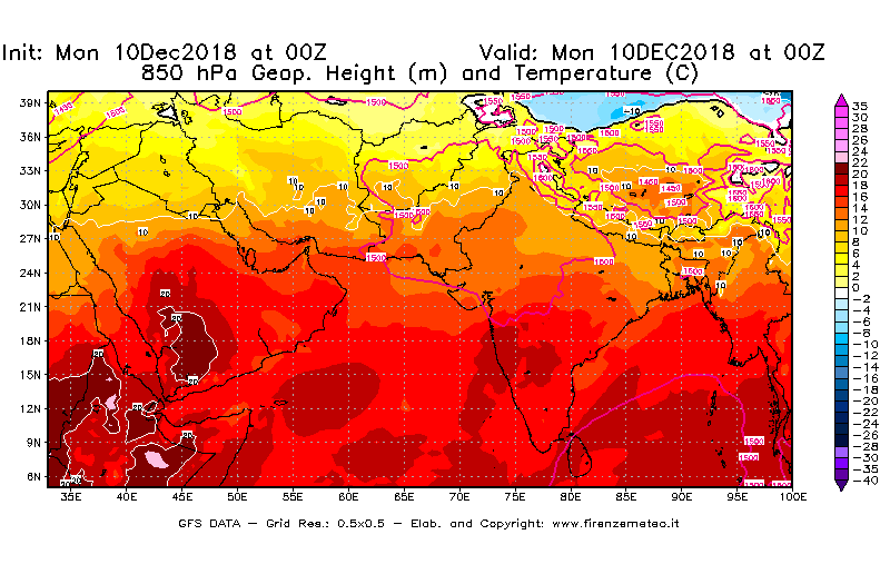 Mappa di analisi GFS - Geopotenziale [m] e Temperatura [°C] a 850 hPa in Asia Sud-Occidentale
									del 10/12/2018 00 <!--googleoff: index-->UTC<!--googleon: index-->