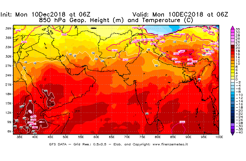 Mappa di analisi GFS - Geopotenziale [m] e Temperatura [°C] a 850 hPa in Asia Sud-Occidentale
							del 10/12/2018 06 <!--googleoff: index-->UTC<!--googleon: index-->