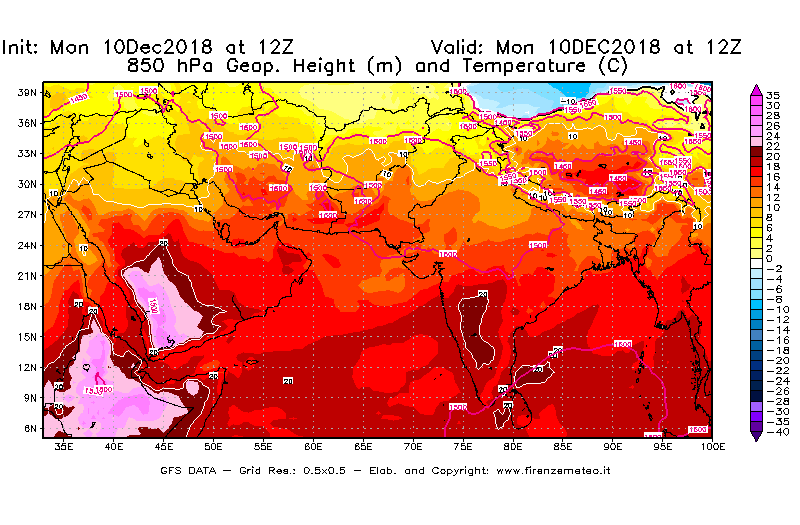 Mappa di analisi GFS - Geopotenziale [m] e Temperatura [°C] a 850 hPa in Asia Sud-Occidentale
									del 10/12/2018 12 <!--googleoff: index-->UTC<!--googleon: index-->