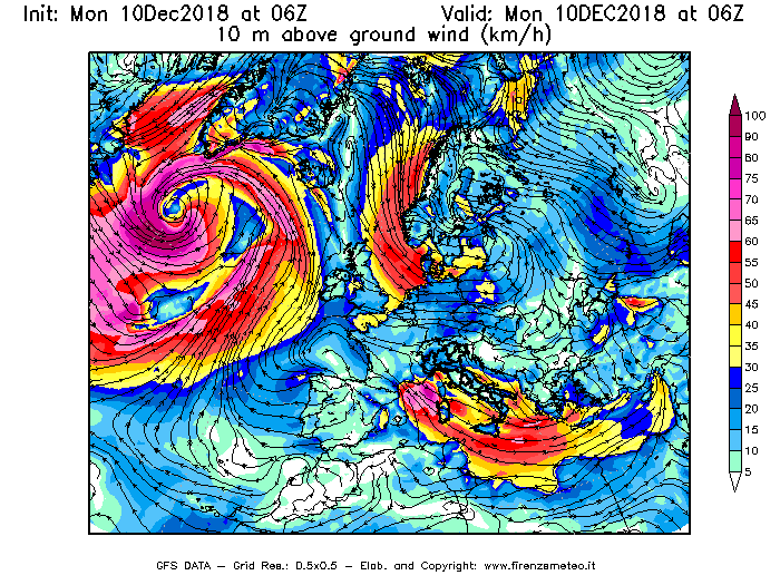 Mappa di analisi GFS - Velocità del vento a 10 metri dal suolo [km/h] in Europa
									del 10/12/2018 06 <!--googleoff: index-->UTC<!--googleon: index-->