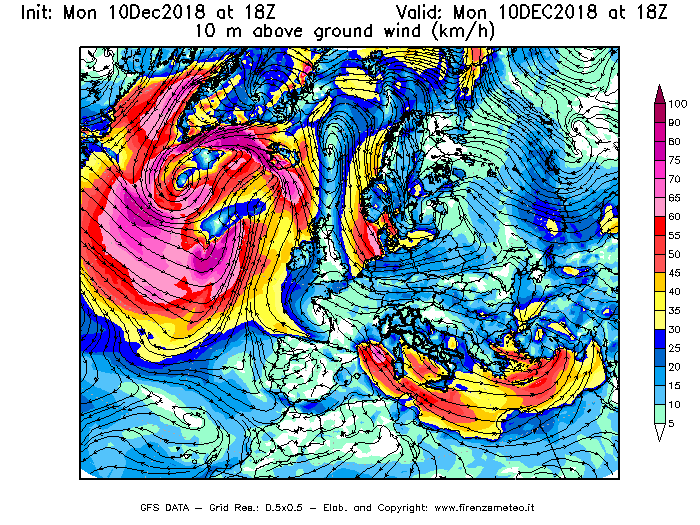 Mappa di analisi GFS - Velocità del vento a 10 metri dal suolo [km/h] in Europa
							del 10/12/2018 18 <!--googleoff: index-->UTC<!--googleon: index-->