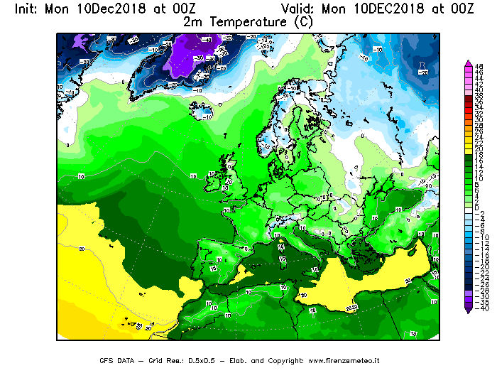 Mappa di analisi GFS - Temperatura a 2 metri dal suolo [°C] in Europa
									del 10/12/2018 00 <!--googleoff: index-->UTC<!--googleon: index-->