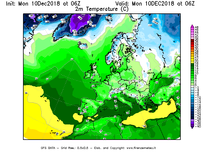 Mappa di analisi GFS - Temperatura a 2 metri dal suolo [°C] in Europa
							del 10/12/2018 06 <!--googleoff: index-->UTC<!--googleon: index-->