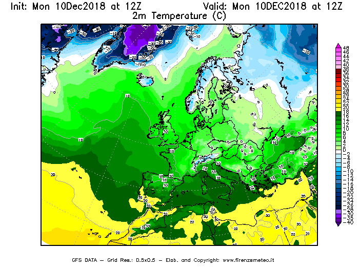 Mappa di analisi GFS - Temperatura a 2 metri dal suolo [°C] in Europa
									del 10/12/2018 12 <!--googleoff: index-->UTC<!--googleon: index-->