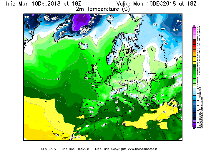 Mappa di analisi GFS - Temperatura a 2 metri dal suolo [°C] in Europa
							del 10/12/2018 18 <!--googleoff: index-->UTC<!--googleon: index-->