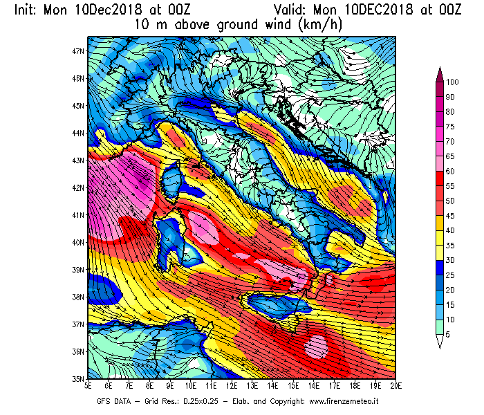 Mappa di analisi GFS - Velocità del vento a 10 metri dal suolo [km/h] in Italia
									del 10/12/2018 00 <!--googleoff: index-->UTC<!--googleon: index-->
