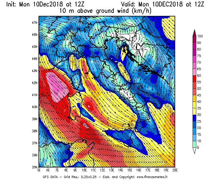 Mappa di analisi GFS - Velocità del vento a 10 metri dal suolo [km/h] in Italia
							del 10/12/2018 12 <!--googleoff: index-->UTC<!--googleon: index-->
