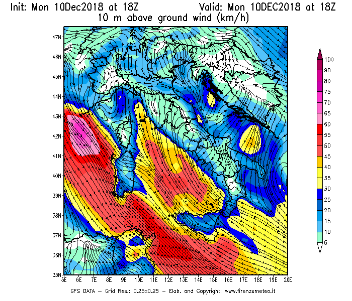 Mappa di analisi GFS - Velocità del vento a 10 metri dal suolo [km/h] in Italia
									del 10/12/2018 18 <!--googleoff: index-->UTC<!--googleon: index-->